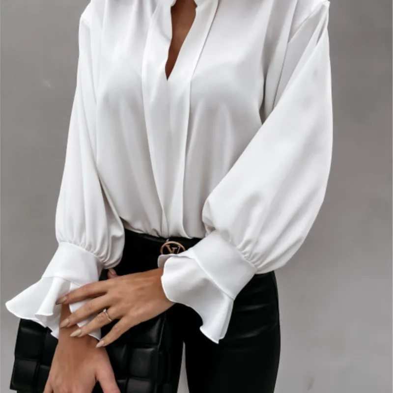 

Autumn Solid Color Ruffle Long-sleeved V-neck Shirt Women Top 2023 Boheme Clothes Camicia Donna Blusas Casuales De Mujer Blouse