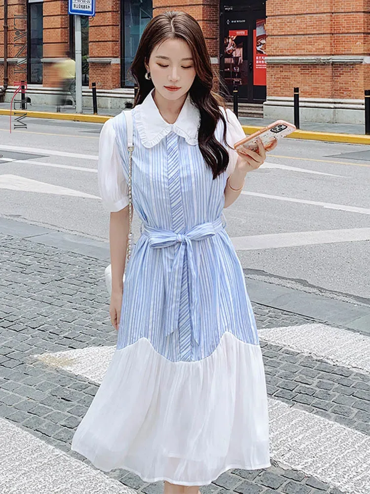 

LANMREM Fashion Belt Dress For Women Lapel Short Sleeves Striped Stitching Streetwear Dresses 2024 Summer New Clothing 2DA5249