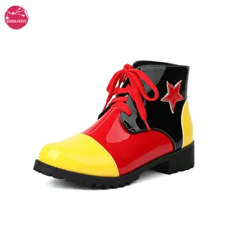 Donne Stephen King's It Clown Stivali Cosplay Tacco grosso Punta rotonda Patchwork colorato Lolita Stivaletti Halloween Dolcetto o trattante 1