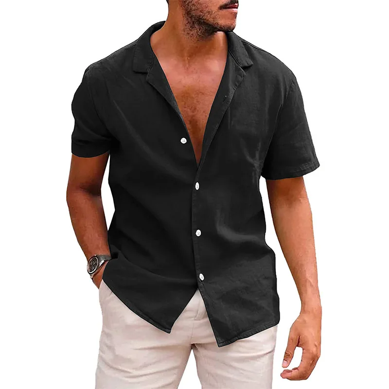 Summer Fashion Cotton Linen Casual T-Shirts Casual Male Short Sleeve V-Collar Breathable Men's Tee Button-up T S-2XL