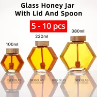 5 - 10pcs Hexagonal Glass Honey Bottle with Dipper Wooden Stirring Sticks Packaging Jars Dispenser Food Storage Container Gift 1