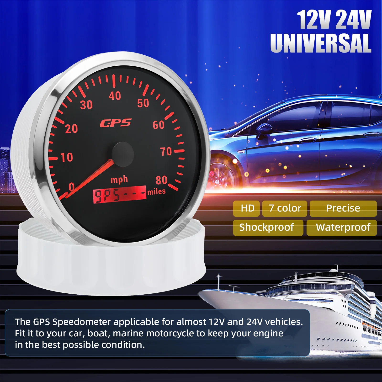 110MM GPS-Tachometer mit GPS-Antenne für 12V 24V Auto Boot Marine 30/60/80/120/200KMH MPH Geschwindigkeitsmesser Kilometerzähler 7 Farben – Detail 17