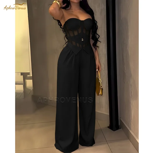 Women's Sexy Strapless Solid Color Jumpsuit Slimming High Waist Wide Leg Long Pants Elegant Party Romper Classy Clubwear Outfit