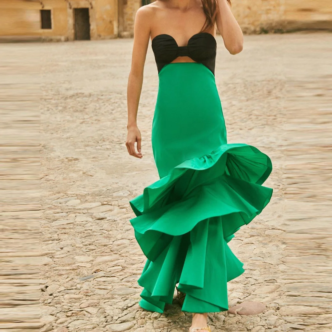 green-high-waist-satin-skirt-tiered-mermaid-skirt-for-women-elegant-long-spanish-skirt-autuam-spring-adult-bottom-wear-faldas