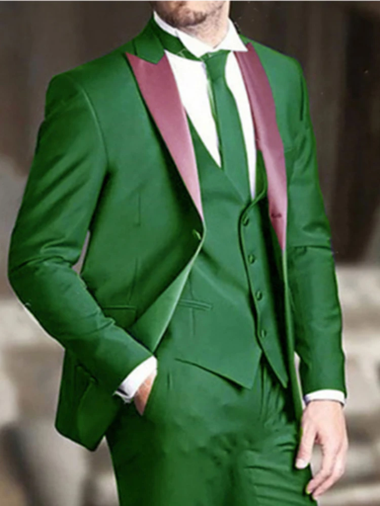 

2023 Italian Set Slim Fit 3 Pieces Peaked Lapel Green Fashion Custom Wedding Groom Tuxedo (Jacket + Vest + Pants) Suits for Men
