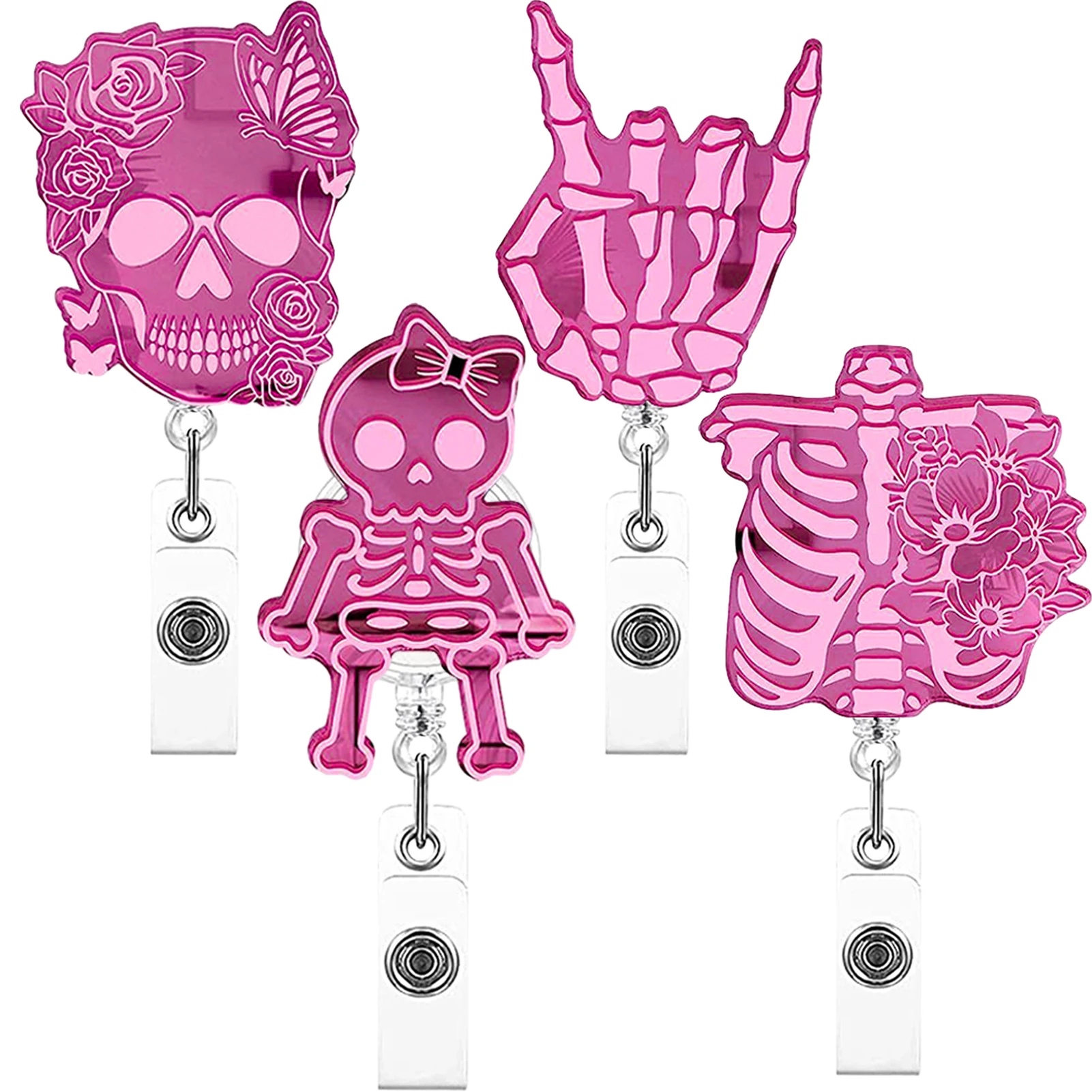 

4pcs Xray Design Keys Retractable Belt Clip Doctor Nurse Badge Reel Office School Halloween Pink Card Anti Lost Adjustable Cute