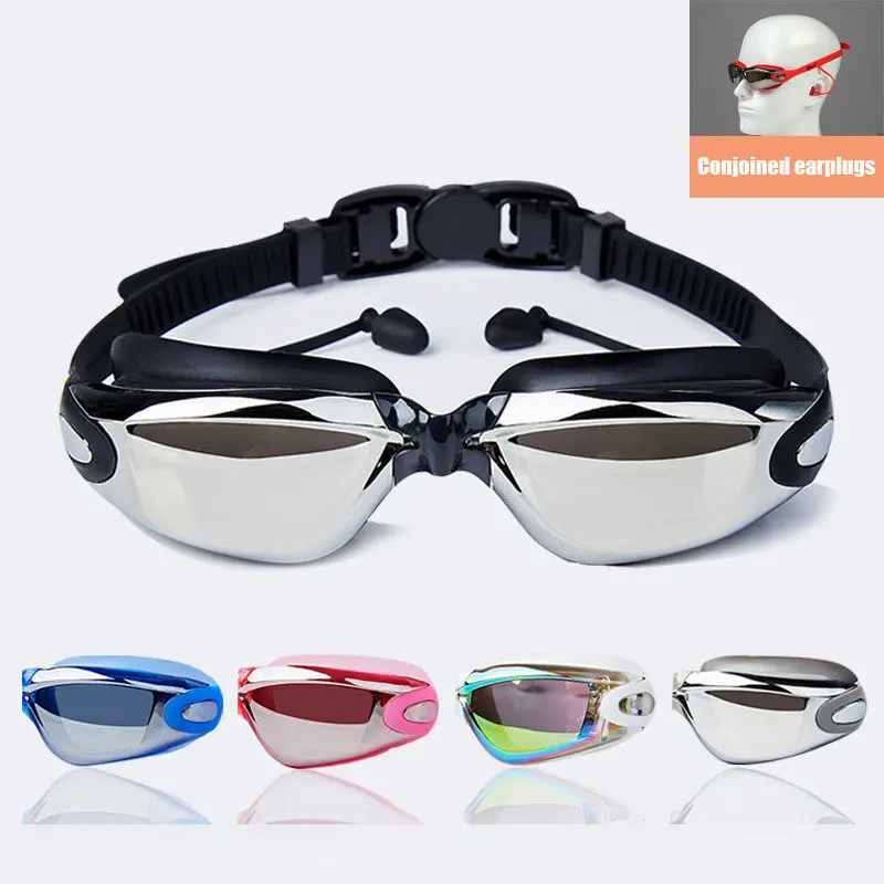 

Explosive One-piece Earplugs Goggles Electroplating Waterproof Anti-fog Flat Light Women Men Myopia Swimming Goggles
