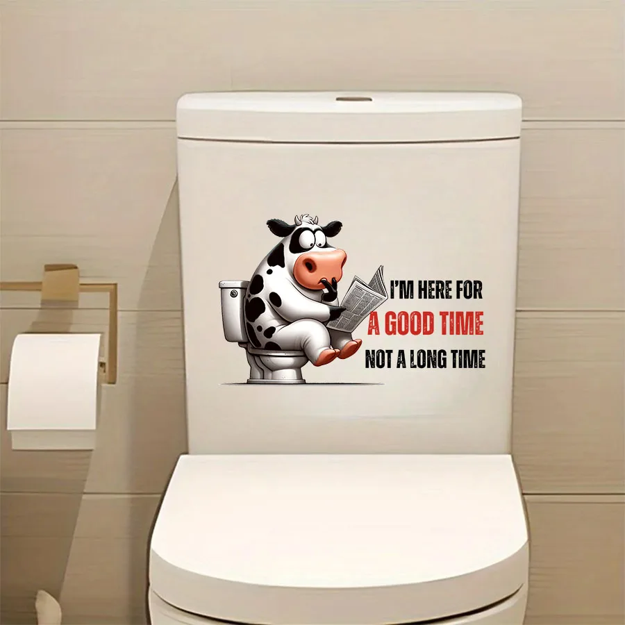 Funny Cow Reading Newspaper on Toilet Quotes Toilet Sticker Seat Tank Bathroom Wall Glass Sticker Decoration