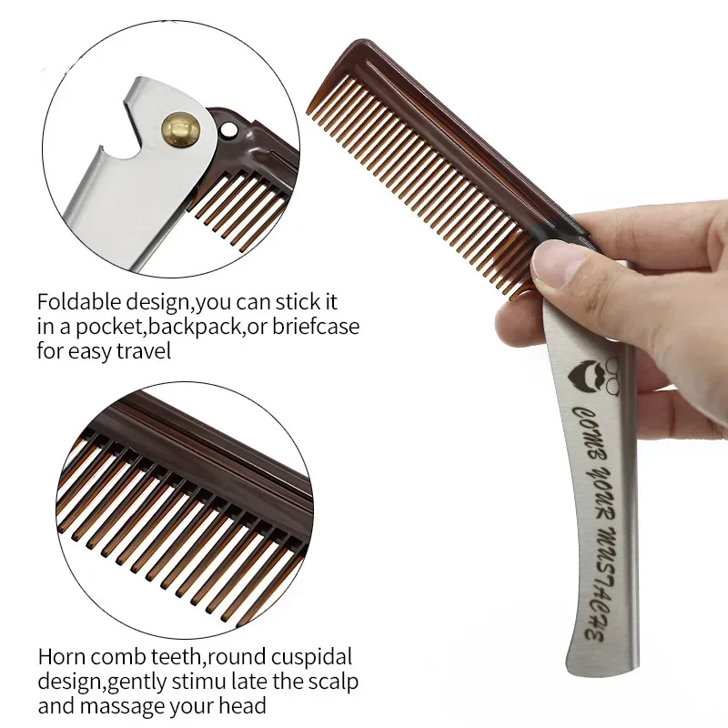 Metal Men Folding Pocket Comb Knife Shape PP Teeth Detangling Hair Beard Facial Comb Handle Foldable Combing Mustache Comb Tool