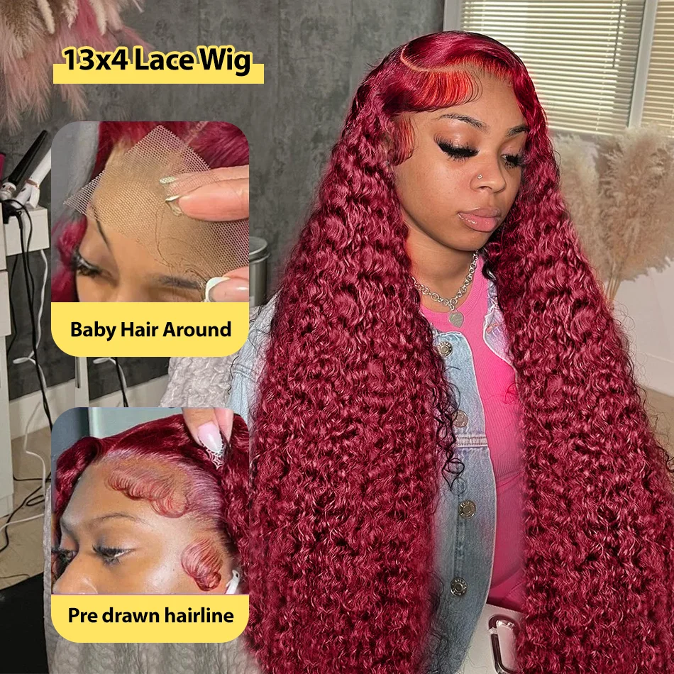 Burgundy Human Frontal HD Lace Wig 13x6 Human Hair 99J Curly Deep Wave Red Lace Front Human Hair Wigs For Women 250 Density