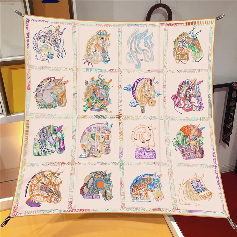 Luxury 90cm Twill Silk Checkered Horse Print Square Scarf Shawl