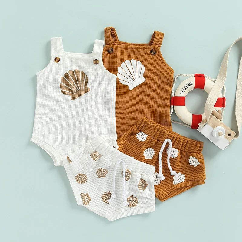 Baby Summer Clothing Sets kids clothes set two piece set baby girl clothing set shorts suit 0-18M Toddler Infant Boys Girls Shell Print Strap Button Plaid Knitted Bodysuits + Shorts Tracksuits