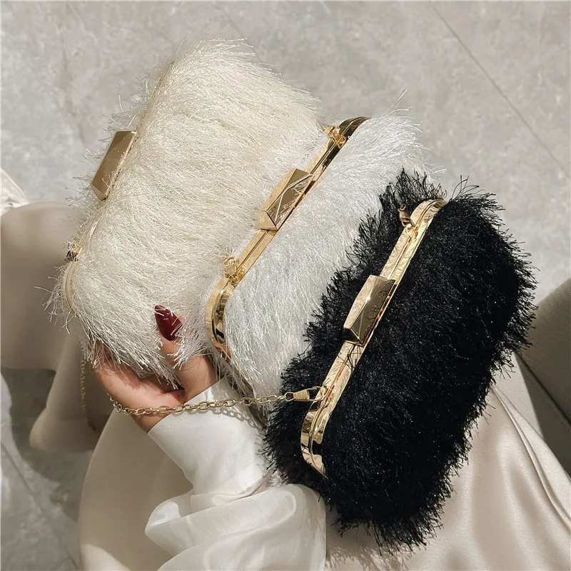 New Dinner Clip Bag Feather Chain Single Shoulder Diagonal Cross Handheld Bag Fashion Lipstick Change Small Bag for Women