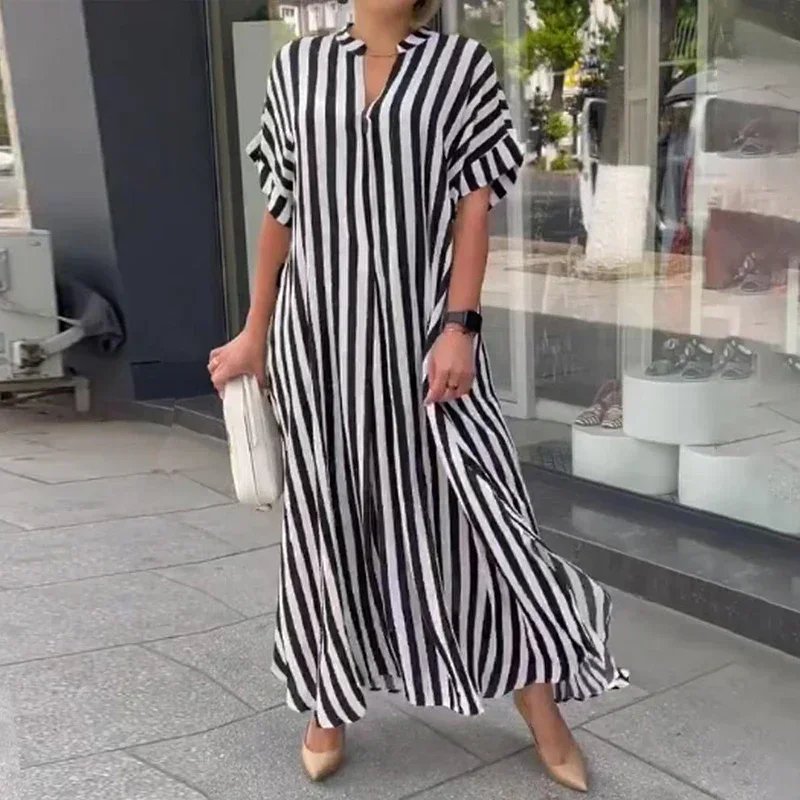 

Women Striped Printed V Neck Long Dress Summer Short Sleeve Side Split Shirt Dresses Casual Oversized Maxi Dress Robe De Plage