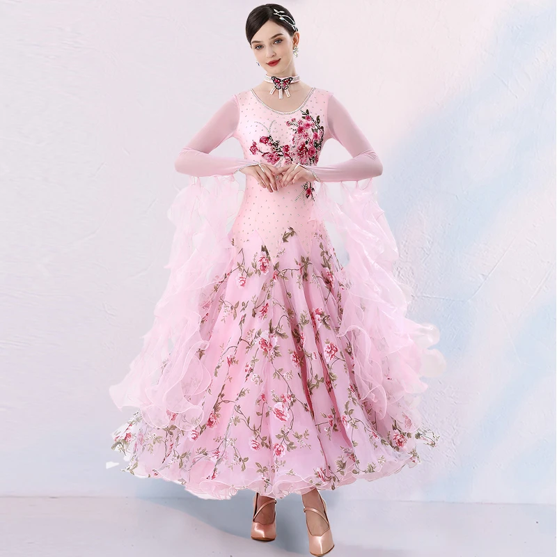 Women's Performance Party Embroidery Rhinestones Ballroom Dance Dress Long Sleeve Modern Waltz Costumes