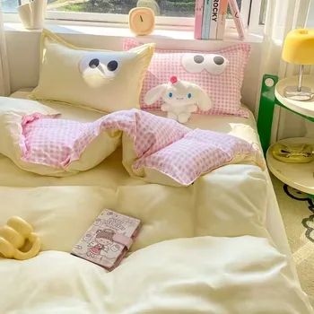 핑크 격자 이불 커버 세트, 부드러운 단색, 플랫 시트, 이불 커버, 베갯잇, 침대 린넨, 트윈 퀸, 풀 사이즈, 심플한 침구 세트