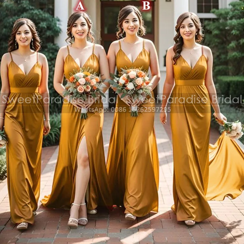 

Flowy A Line Bridesmaid Dresses Plunging Neck Spaghetti Straps Side Split Women Long Wedding Party Dress Maid Of Honor