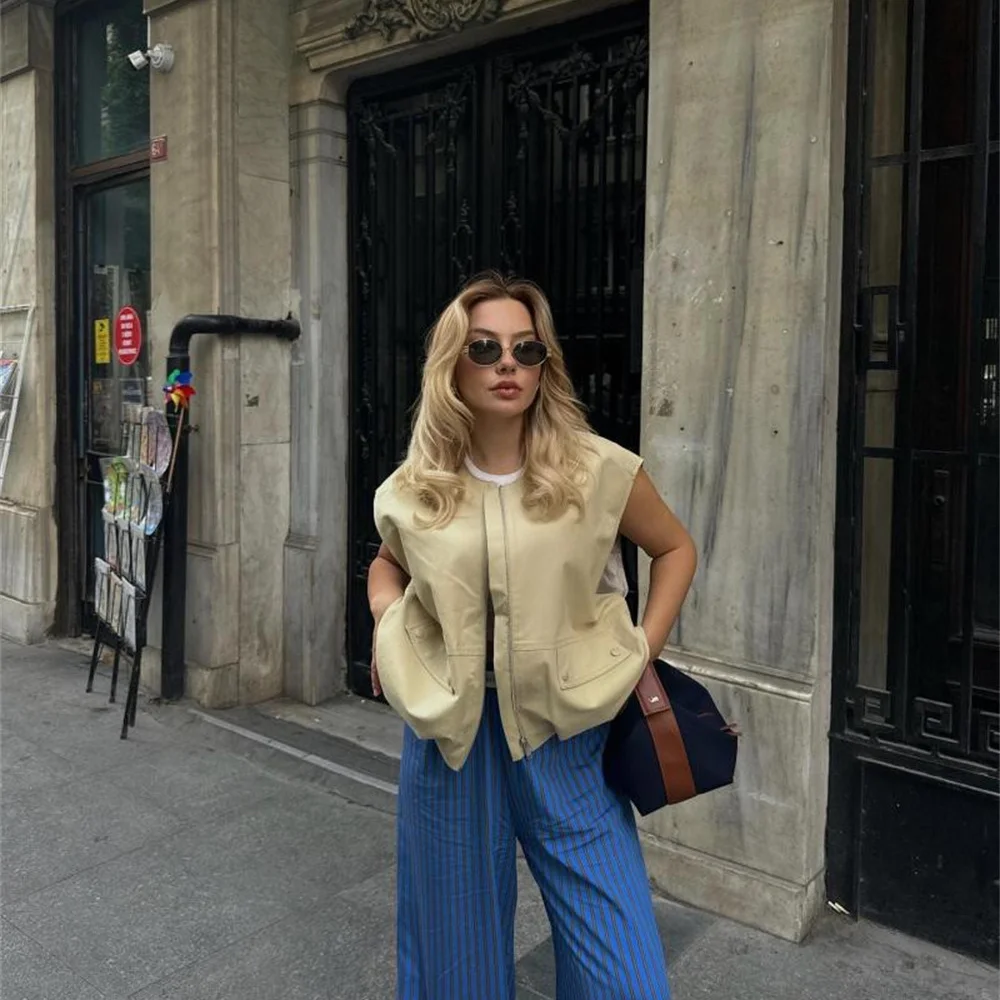 

Vintage Ruched Hem Cropped Waistcoat for Women Autumn O-Neck Zipper Sleeveless Vest with Pockets Female Loose Coats