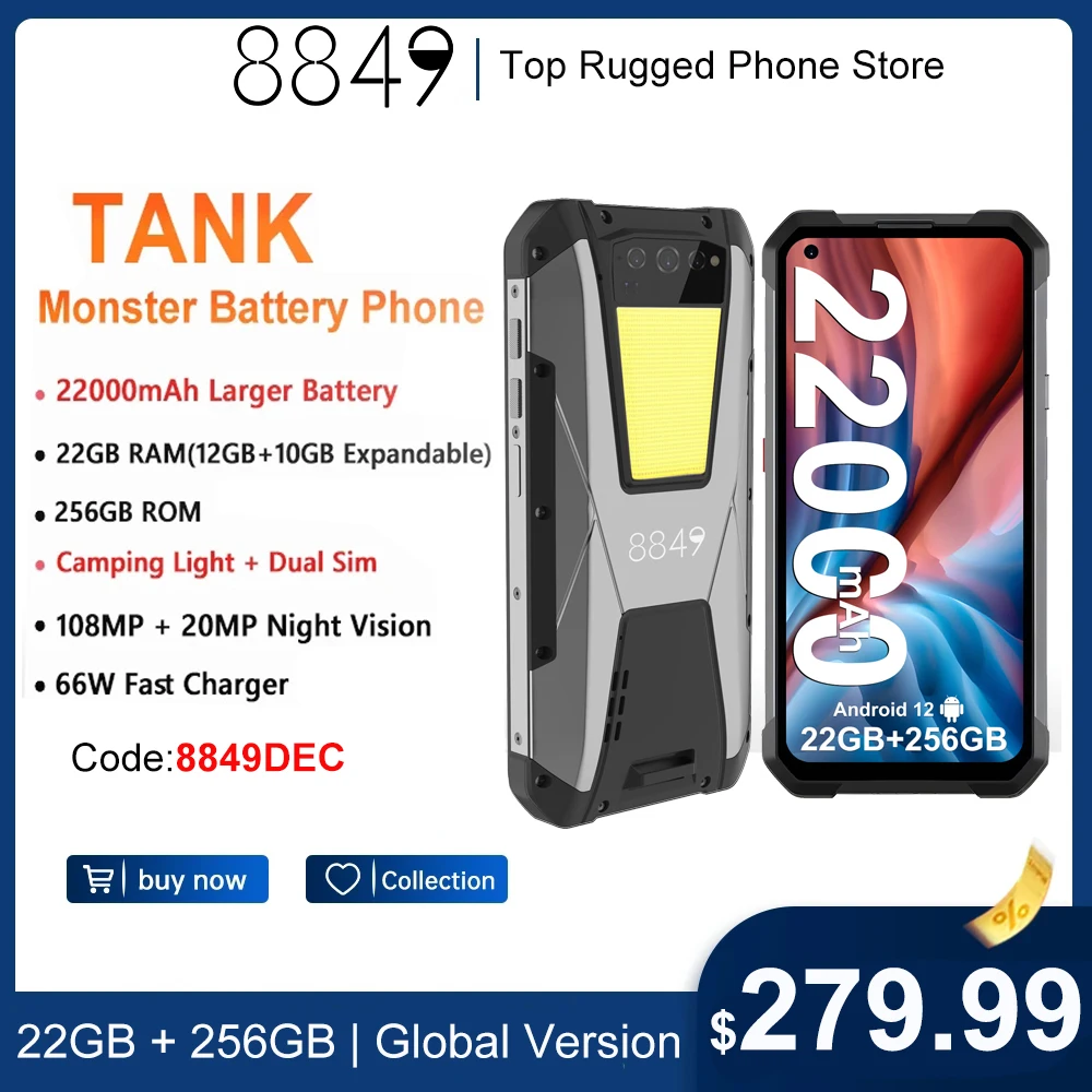 8849 By Unihertz Tank 22Gb Ram 256Gb Rom Rugged Smartphone 22000Mah 108Mp G99 Night Vision Cellulare Campeggio Cellulare