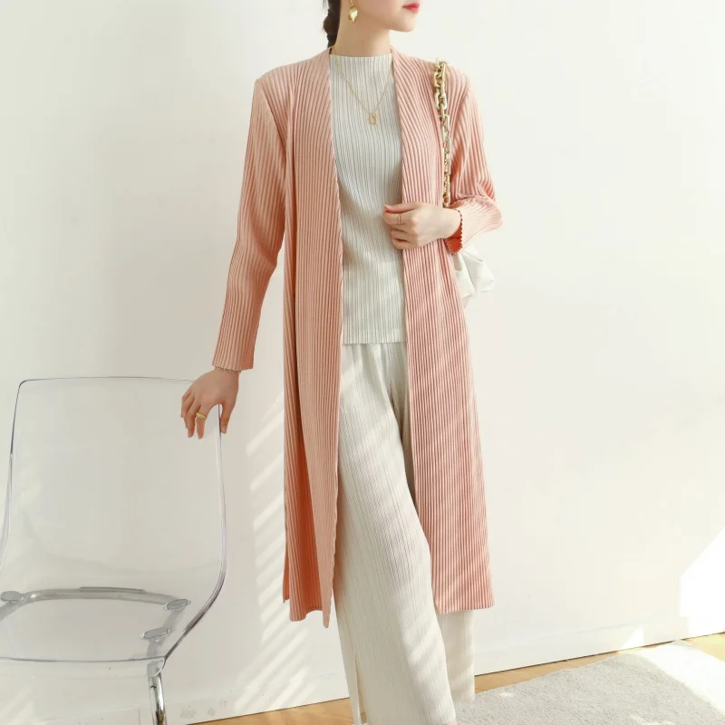 

Boutique MIYAKE Autumn Spring High end Pleated Thick Fabric Temperament Commuting Elegant Long Trench Lace Up Coat [8090]