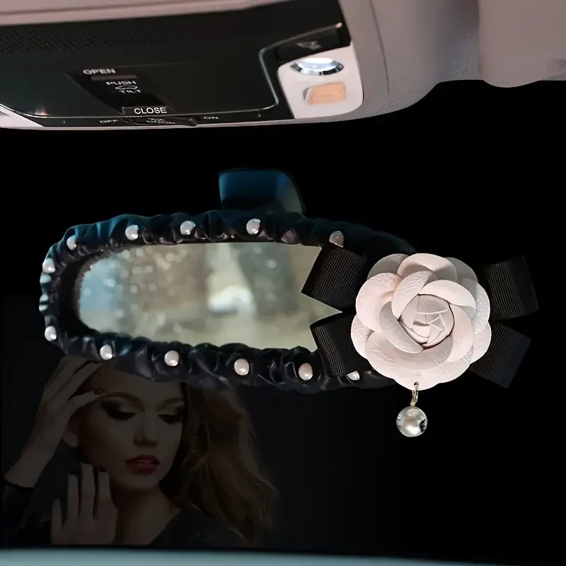 Leather Car Rearview Mirror Cover Camellia Flower Pearls Auto Interior Rear View Mirror Decoration Car Accessories for Women
