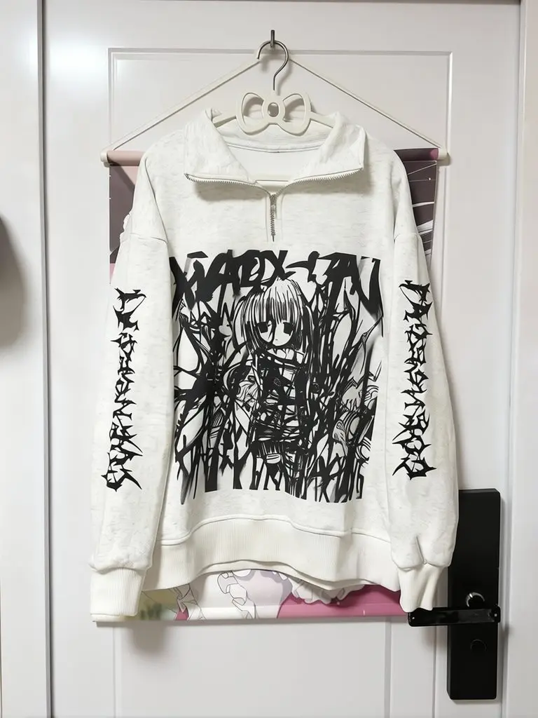 Japanischer Stehkragen Y2k Langarm-Oberteil für Damen mit Reißverschluss, Polokragen, Anime-Übergrößen-T-Shirt, Herbst-Basic-Tees, Oberbekleidung