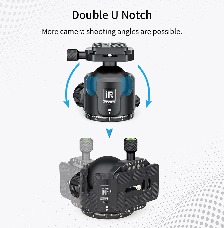 N52 Black Panoramic Low Profile Tripod Ball Head, Double U Notch Ultra-low Spher