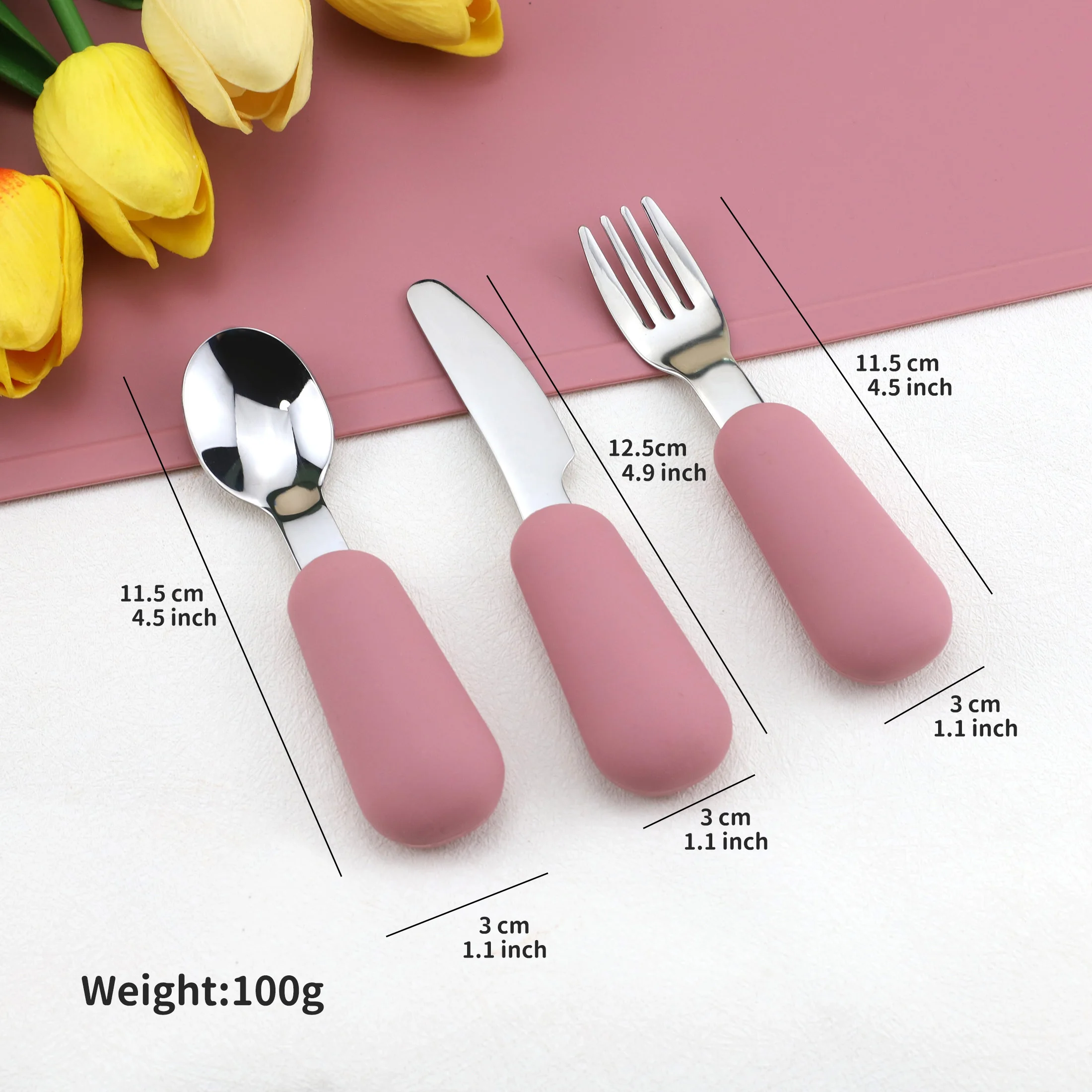 3pcs silicone stainless steel spoon fork knife baby tableware set complementary feeding Stainless Steel Cutlery Set Silicone Cutlery Set Fork Spoon Set Baby Cutlery
