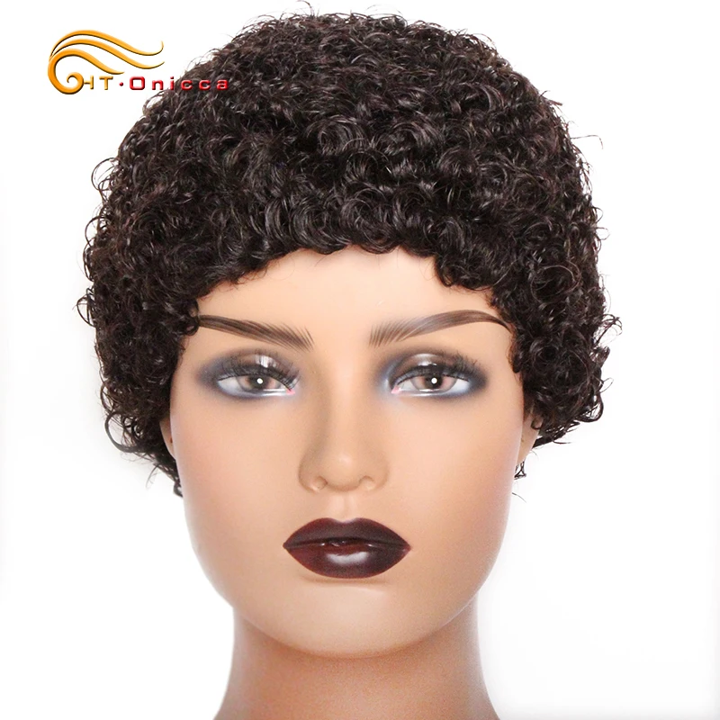 Kurze, krause, lockige Echthaarperücken, Pixie-Cut, brasilianisches Echthaar für Frauen, natürliches schwarzes, lockiges Echthaar, vollständig maschinell gefertigt – Detail 5