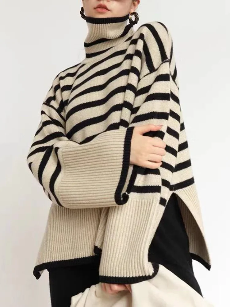 

Striped Sweater Women Turtleneck Pullover Ladies Autumn Winter Warm Jumper Female Long Sleeve Top Loose Knitwear Pull Femme