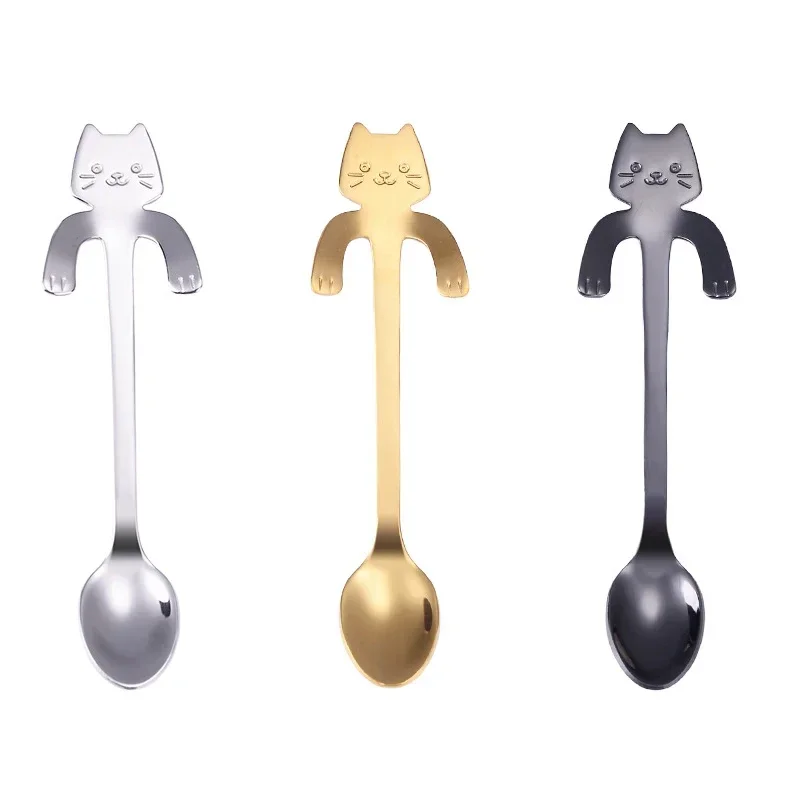 Set Di 3 Cucchiai Da Caffè A Forma Di Gatto In Acciaio Inox 304 - Mini Mestoli Per Tè, Zucchero, Dessert, Antipasti - Lavabili In Lavastoviglie, Regalo Simpatico