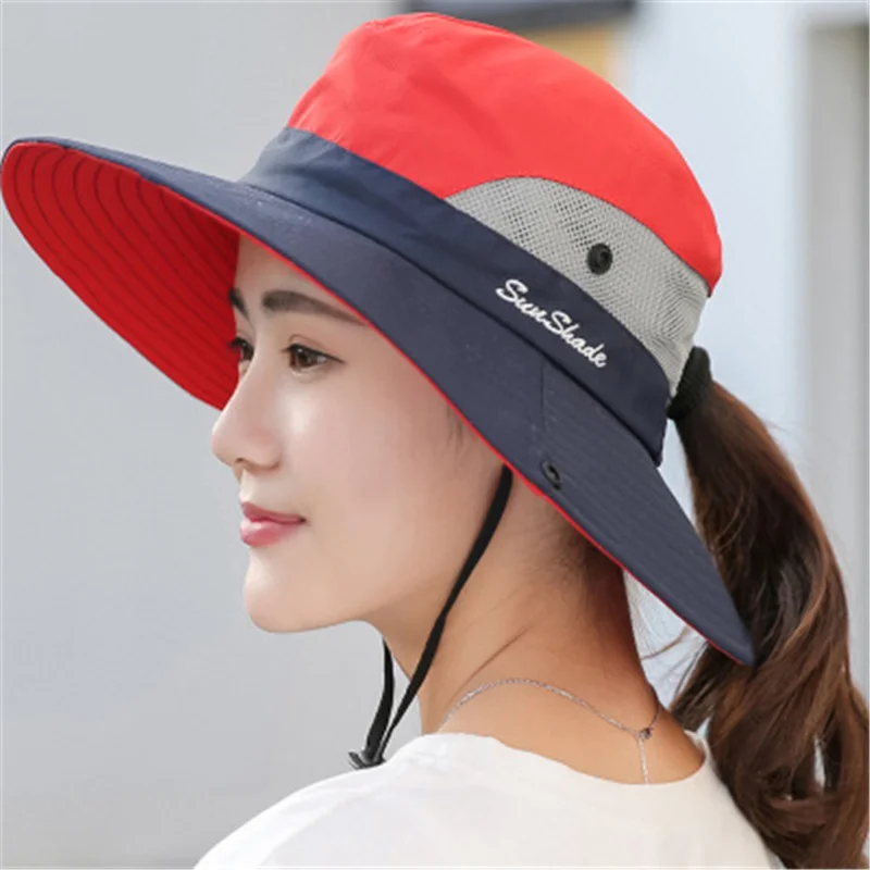 

UV Protection Foldable Bucket Hats for Women Horsetail Hole Fisherman's Hat Big Wide-Brim Visor Men Fishing Hunting Climbing Cap