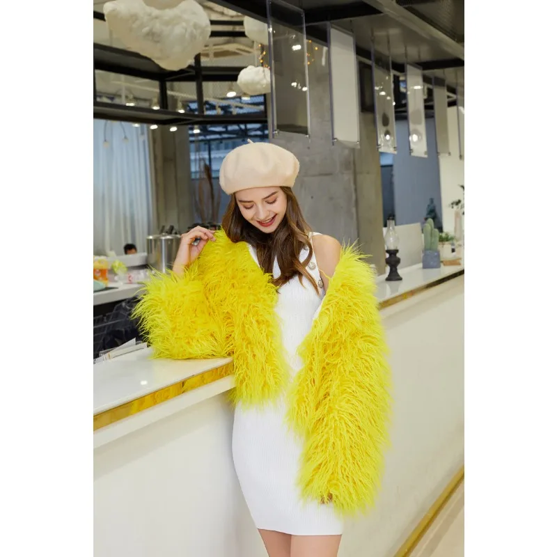 Fluffy Fur Coat Colorful Streetwear Women Short Faux Fur Jacket Beach Wool Women Clothing Sheepskin Coat Long Sleeve Chic Club