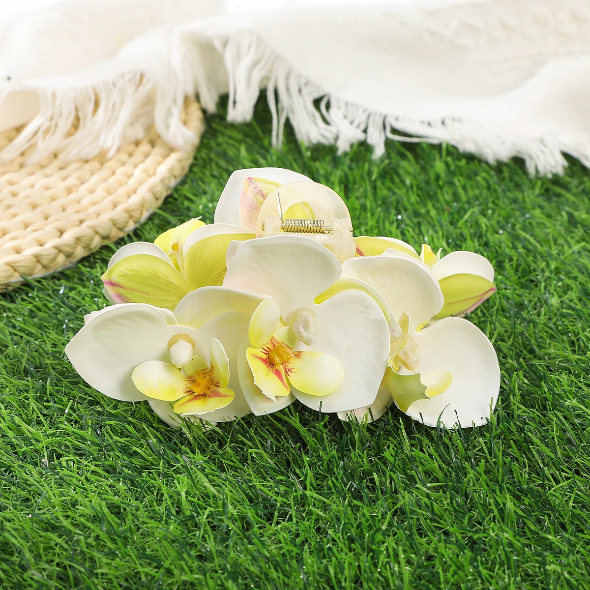 AWAYTR Stoffblumen-Haarklammer, niedliche Schmetterlings-Orchideen-Haarspange, Bohème-Orchideen-Haarspange, Haifischklammer, große Haarspange, Haarnadel für Mädchen – Detail 2