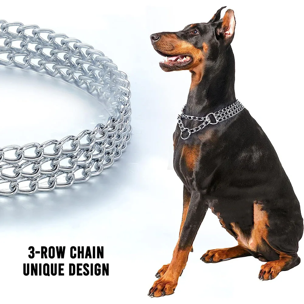 Dog Collar Chew Proof Triple Row Chain Adjustable Walking Metal Cuban Link For Big