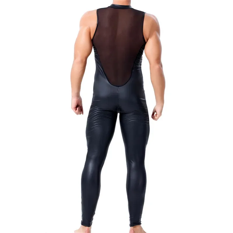 Mens PU Leather Jumpsuit Male Sleeveless One-piece Faux Leather Bodysuit Stage Men's Leotard Wrestling Singlet Men Clubwear