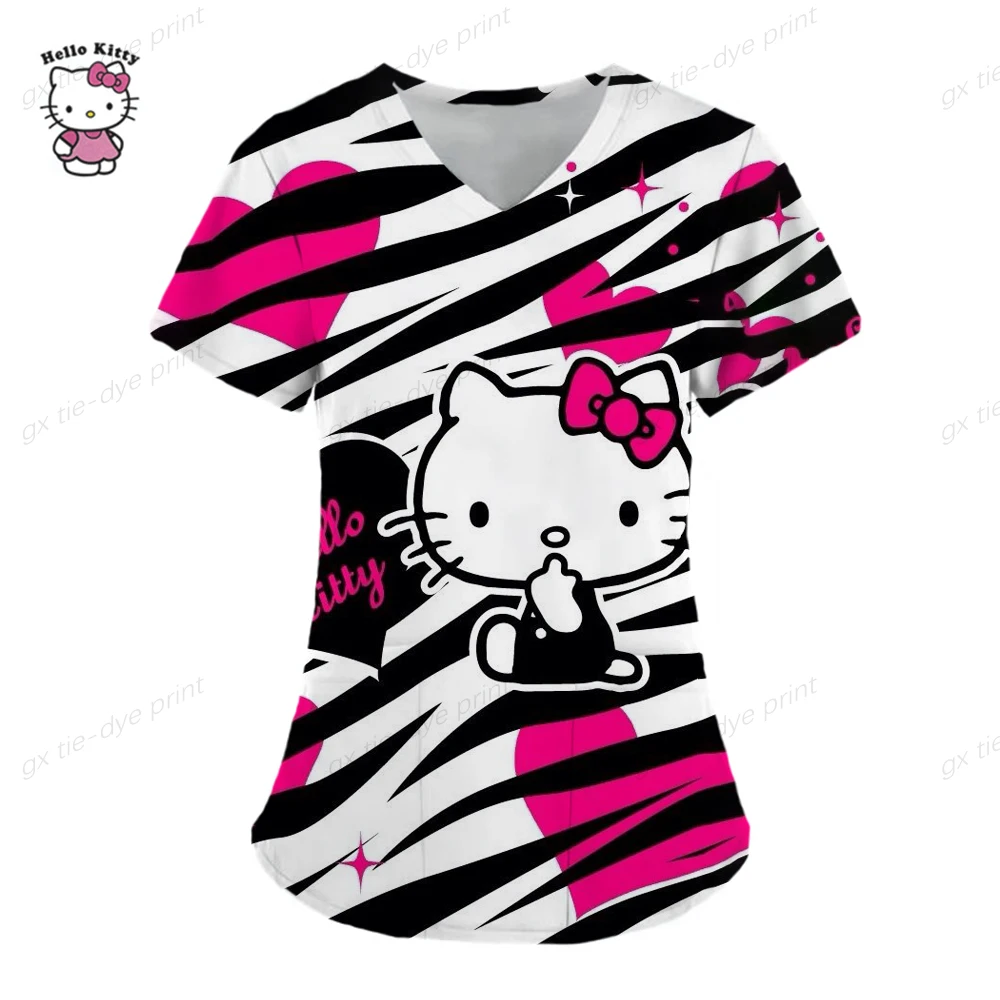 thumbnail image 1 of Camisetas de verano con cuello en V de Hello Kitty, camisetas de hospital para mujer 2023, uniforme de enfermera, ropa de mujer, camisetas con bolsillo, camisetas, 1 of 4