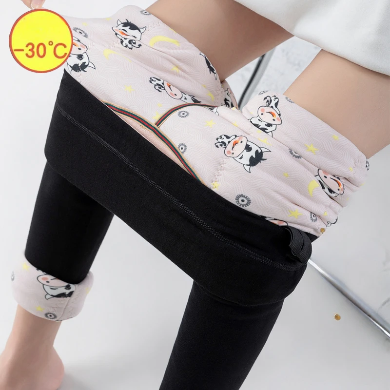 Winter Plus Size Maternity Leggings Thick Warm Pregnant Woman Full Ankle Length Leggings Cartoon Fleece Inside Belly Pants -30℃