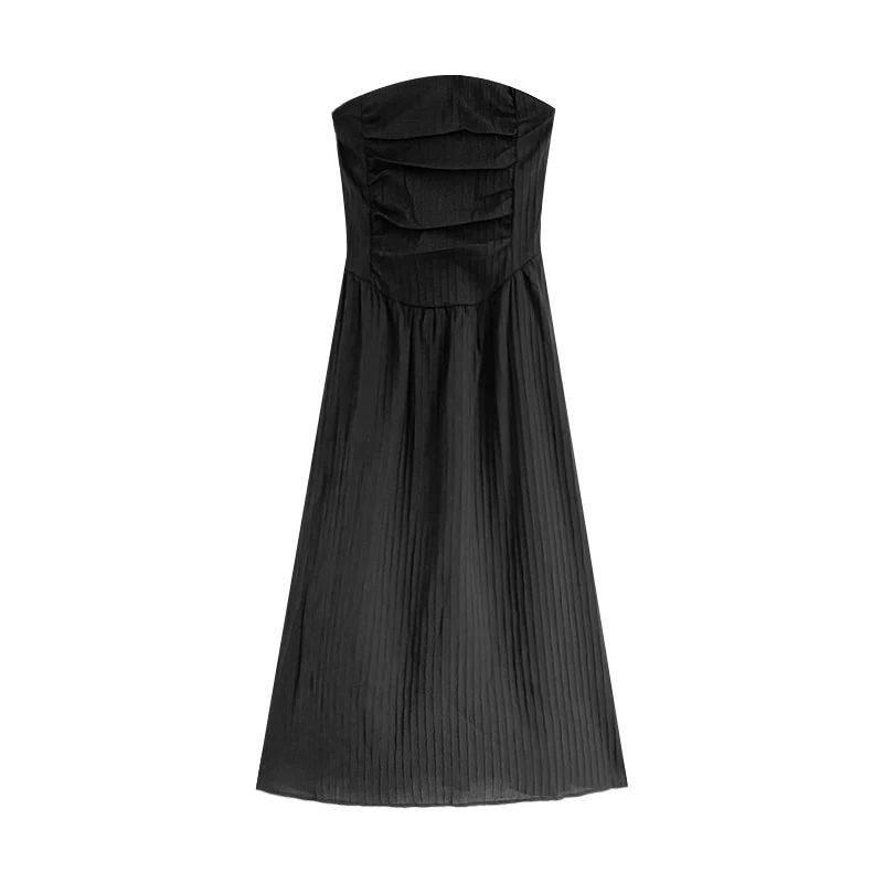 

French style pleated design zipper solid color slim A-line dress