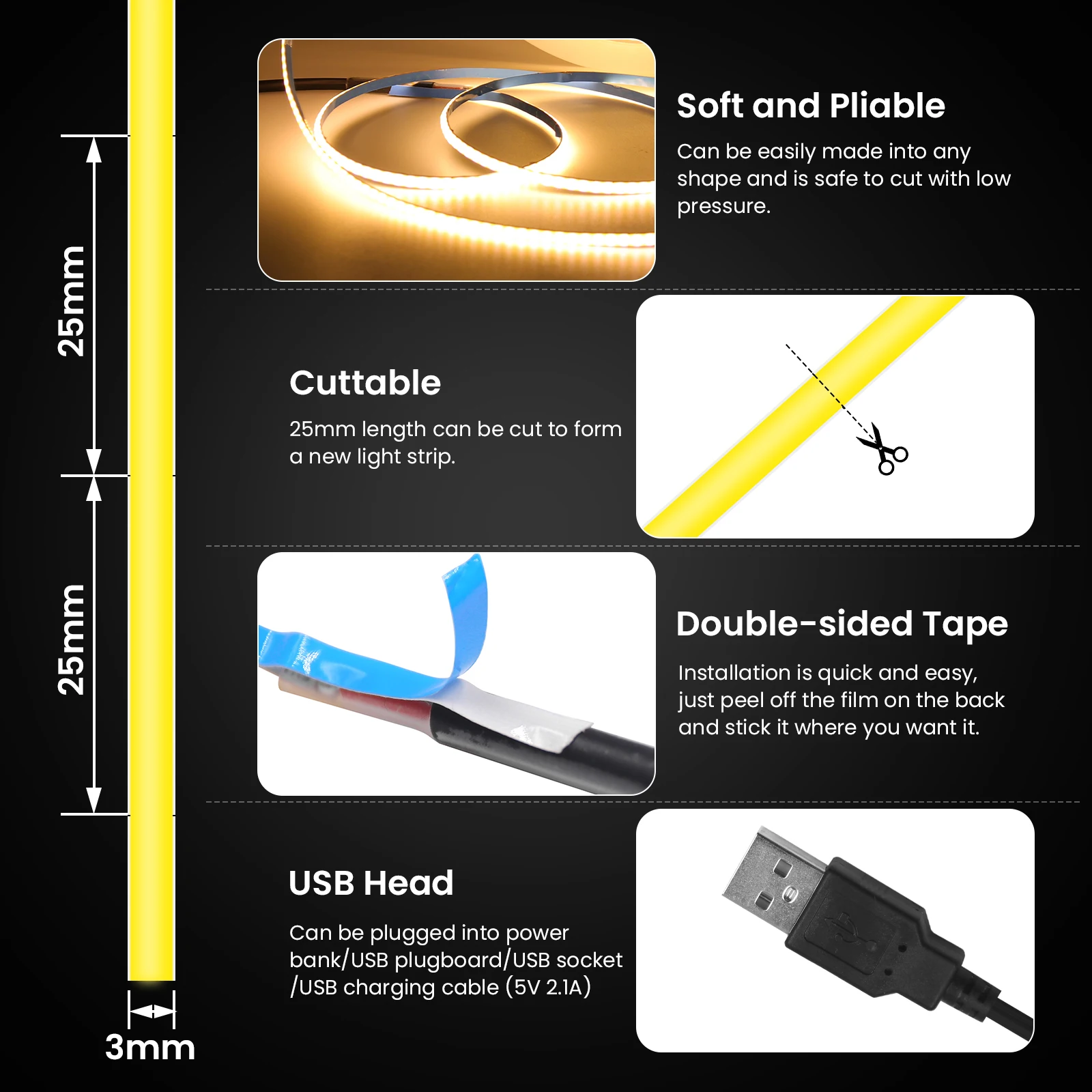 5V USB COB Led 스트립 빛 3mm PCB 320LED/m 유연한 리본 밤 램프 빨간색 파란색 흰색 노란색 녹색 TV 백라이트 선형 디밍 가능