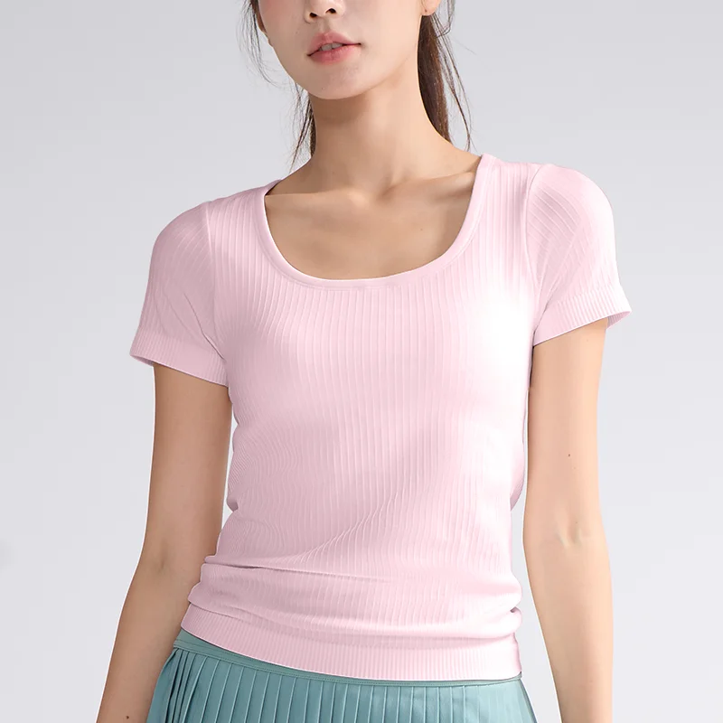 Description Picture 5 of itemYoga Sports Threaded Short Sleeved Women with Fixed Chest Pads Fitness Yoga Clothes Summer Thin Oversized Fitness Short Sleeved
