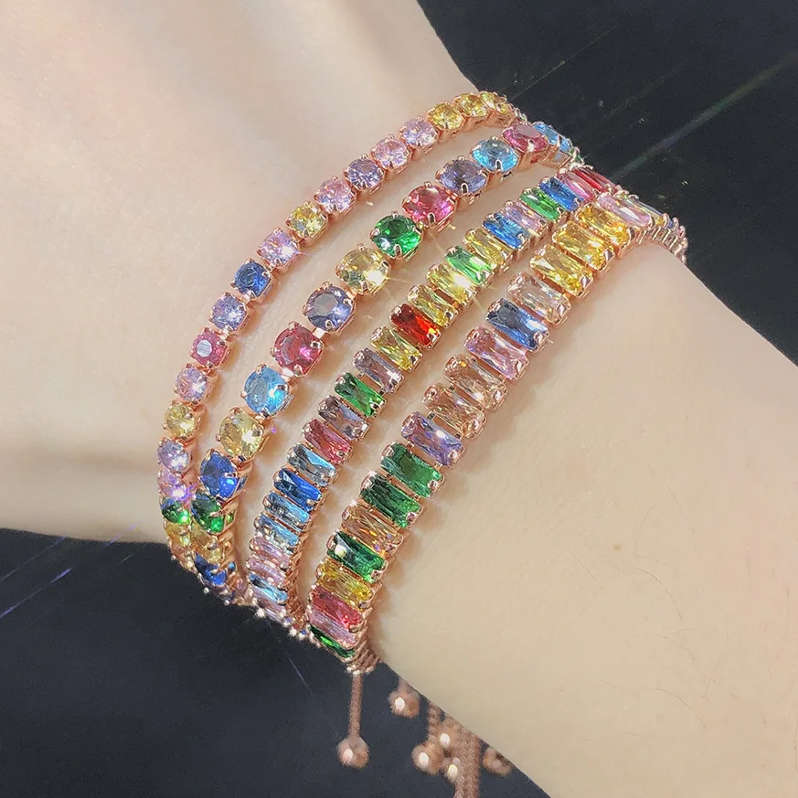 Bunte Tennis Armband Für Frauen Einstellbare Zirkonia Nach Dem Zufall Angeordnet Hochzeit Regenbogen Armband Geburtstag Geschenke Schmuck DZH043