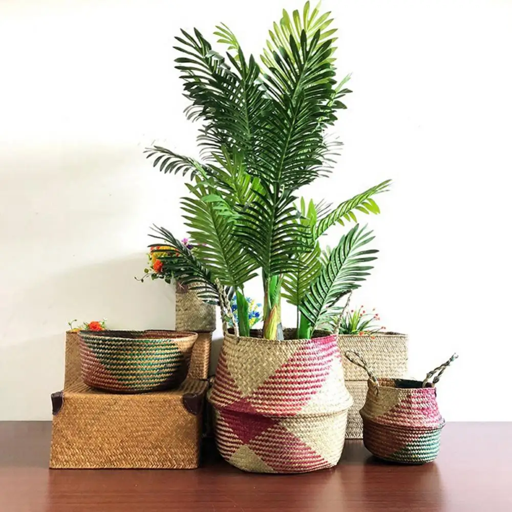Folding Straw Wicker Storage Basket Rattan Seagrass Plant Flower Pots Handle Garden Planter Laundry Bag Toy Sundries Organizer 3