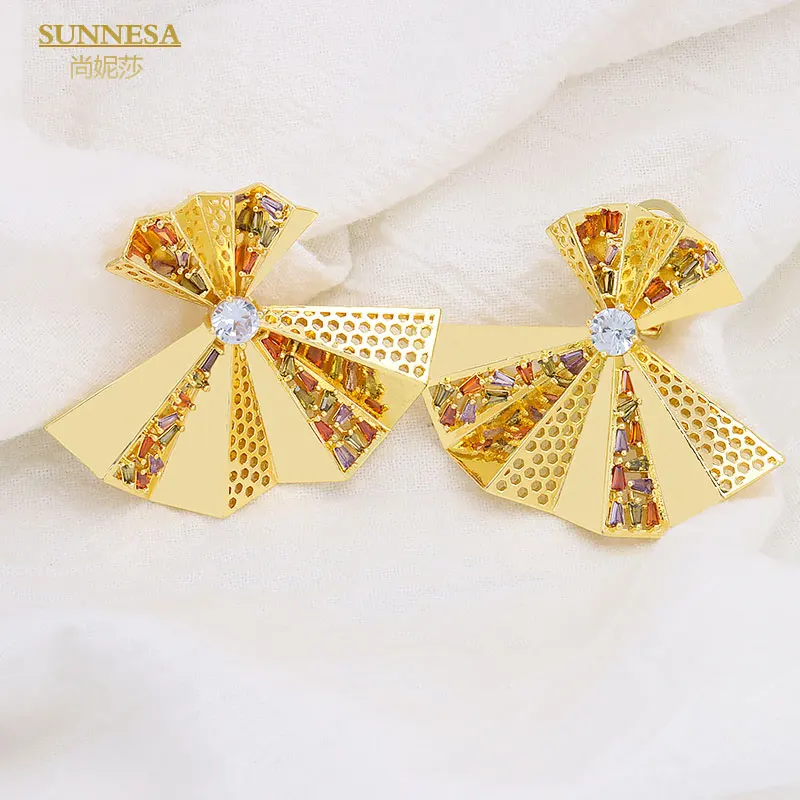 SUNNESA Italian 18k Gold Plated Earrings for Women Geometric Luxury Colorful Zircon Big African Clip Earrings Dubai Jewelry