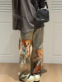 Y2K Little Bear Jeans Printed Straight Tube Wide Leg Pants Vintage Fashionable for Women Spring Autumn 1