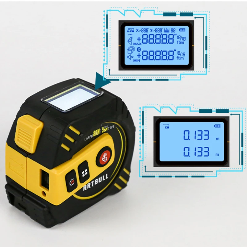 2in1 Multifunction Laser Rangefinder Laser Tape Measure Rechargeable 80m 40m with 5m Tape LCD Display Backlight