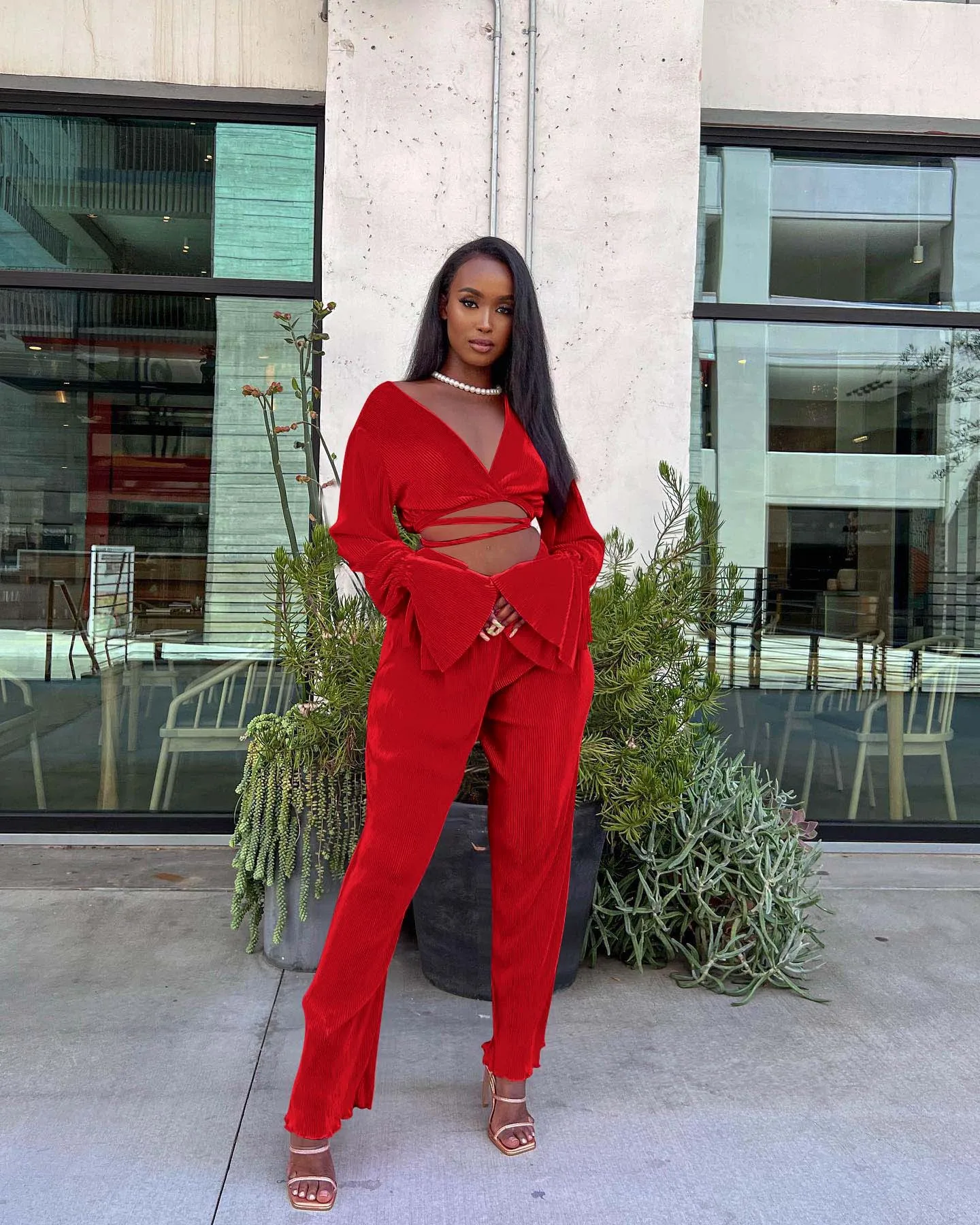 Ladies Fall Spring Long Sleeve Crop Top & Wide-Leg Trousers Pant Two Piece Set Women Casual 2 Piece Set Outfits women s pink pantsuits 2 pcs set autumn office wear jacket pants with suit ladies trousers and jacket set custom made