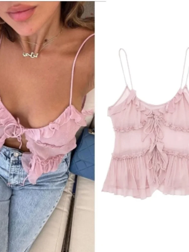 

Топ женский прозрачный без рукавов, с открытыми плечами и оборками