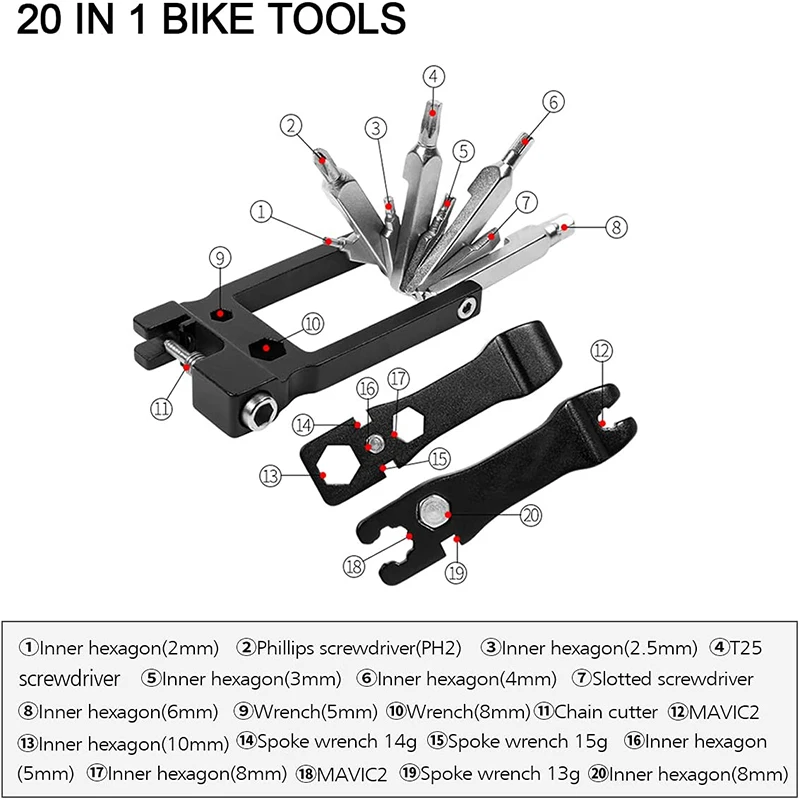 

20-in-1 Multi-function Bicycle Repair Kit Pocket Bicycle Tool MTB Mountain Bike Multitool Cycling Repairing Hand Tool