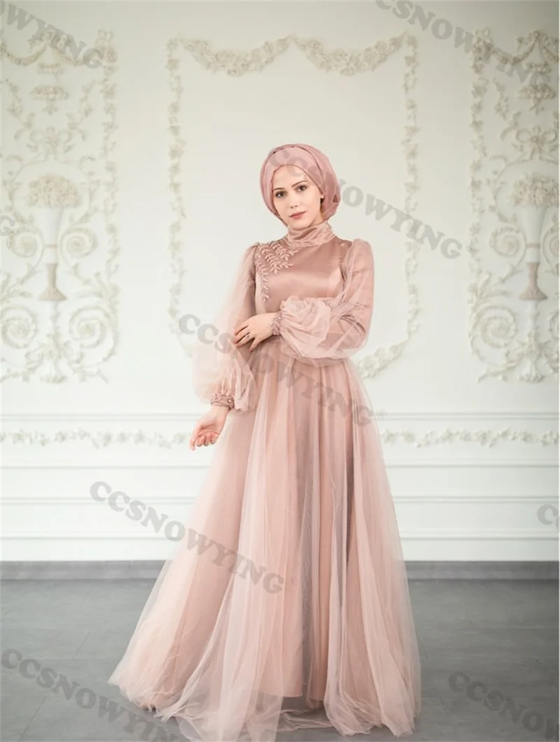 

Розовое Атласное кружевное платье с высоким воротником и длинным рукавом, исламское официальное платье с аппликациями, мусульманские Вечерние платья, бальное платье с бисером, хиджаб